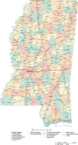 Mississippi State Map - Multi-Color Cut-Out Style - with Counties, Cities, County Seats, Major Roads, Rivers and Lakes