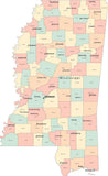 Multi Color Mississippi Map with Counties, Capitals, and Major Cities