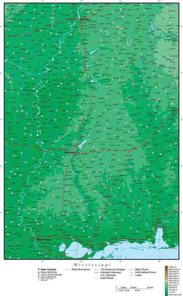 Digital Mississippi Contour map in Adobe Illustrator vector format MS ...