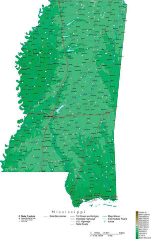 Mississippi Map  with Contour Background - Cut Out Style