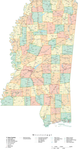 Detailed Mississippi Cut-Out Style Digital Map with Counties, Cities, Highways, and more