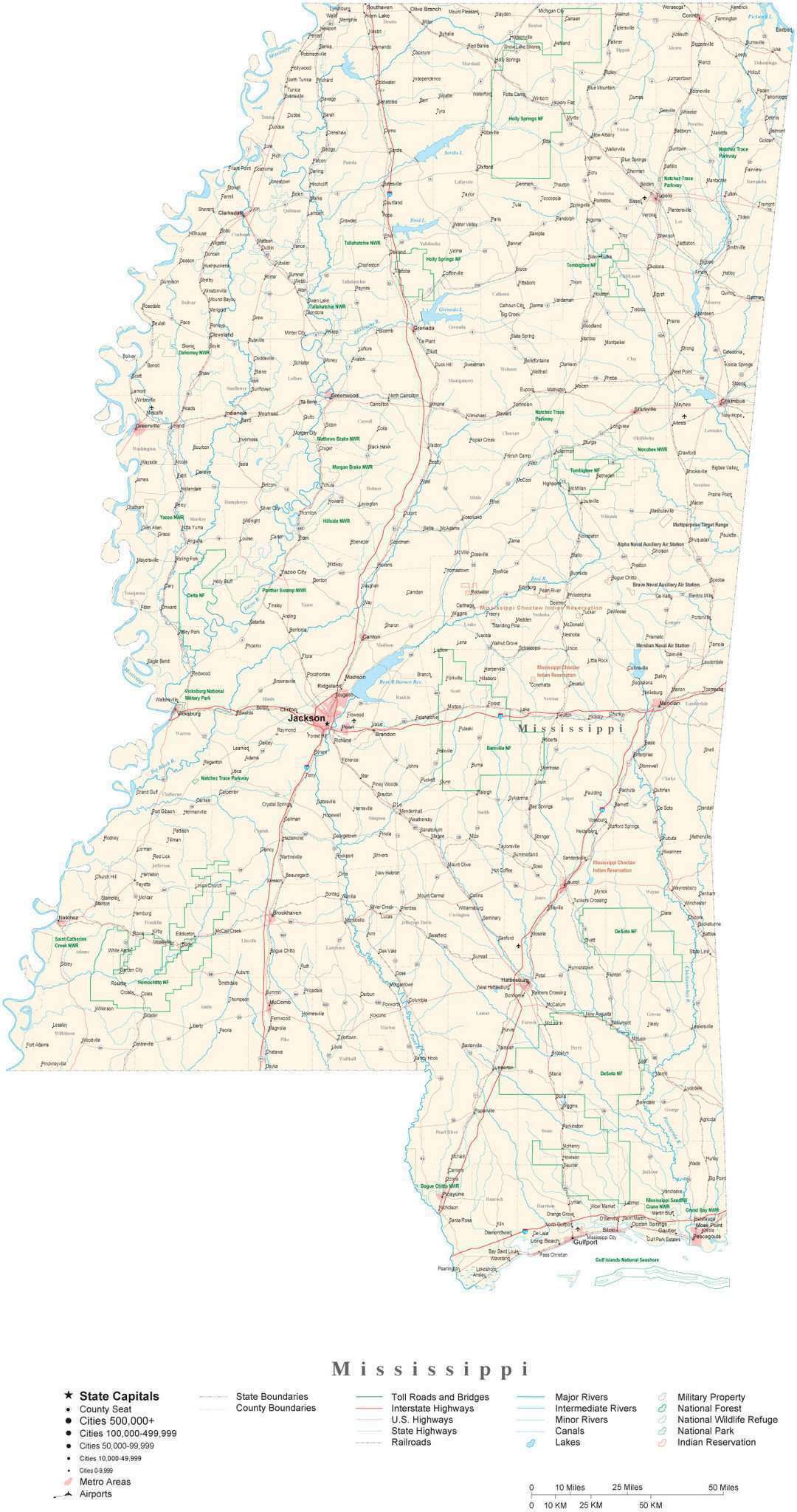 Mississippi detailed roads map with cities and highways.Free