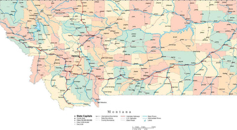 Montana Map - Cut Out Style - with Counties, Cities, County Seats, Major Roads, Rivers and Lakes