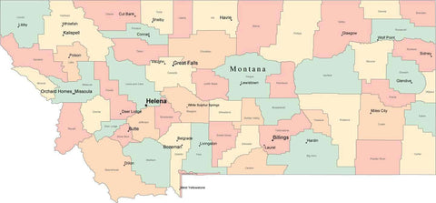 Multi Color Montana Map with Counties, Capitals, and Major Cities