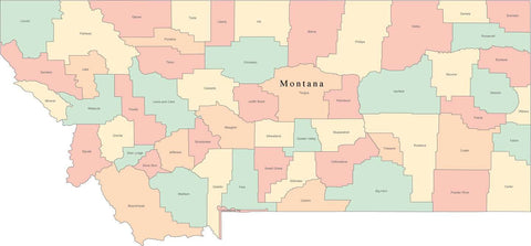 Multi Color Montana Map with Counties and County Names