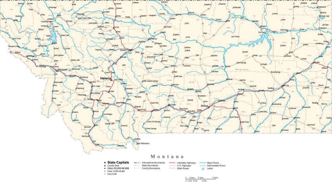 Montana Map - Cut Out Style - with Capital, County Boundaries, Cities, Roads, and Water Features