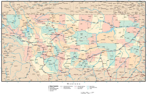 Montana Map with Counties, Cities, County Seats, Major Roads, Rivers and Lakes