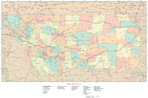 Detailed Montana Digital Map with Counties, Cities, Highways, Railroads, Airports, and more