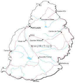 Mauritius Black & White Map with Capital, Major Cities, Roads, and Water Features