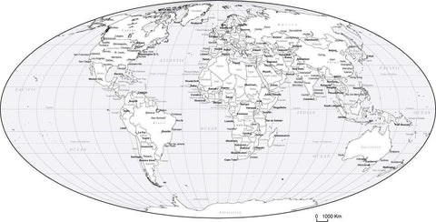 Black & White World Map with Countries  Capitals and Major Cities - MW-EUR-253549