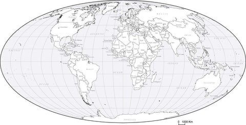Digital World Map with Countries - Euro-Centered - Black & White