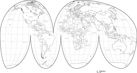 Digital World Map with Countries - Interrupted Projection - Black & White