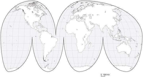 Digital World Blank Outline Map - Europe Center Interrupted Projection - Black & White