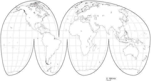 Digital World Blank Outline Map - Interrupted Projection Europe Center - Black & White