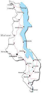 Malawi Black & White Map with Capital, Major Cities, Roads, and Water Features