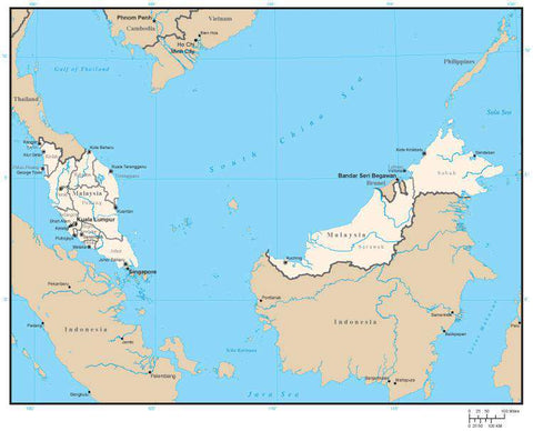 Malaysia Digital Vector Map with State Areas and Capitals