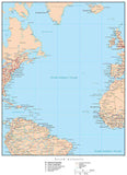 North Atlantic Map with Countries, Capitals, Cities, Roads, and Water Features
