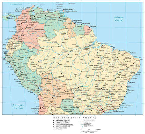 Northern South America Map with Countries, Capitals, Cities, Roads and Water Features
