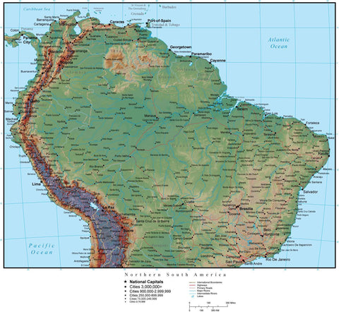 Northern South America Terrain map in Adobe Illustrator vector format with Photoshop terrain image N-SAMR-952913