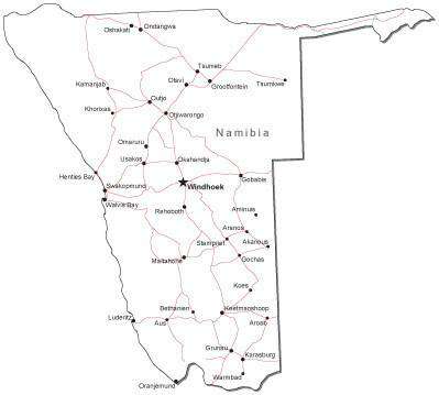 Namibia Black & White Map with Capital, Major Cities, Roads, and Water Features