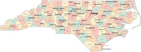 Multi Color North Carolina Map with Counties, Capitals, and Major Cities