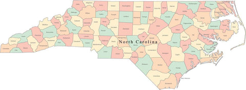 Multi Color North Carolina Map with Counties and County Names