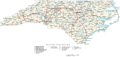 North Carolina Map - Cut Out Style - with Capital, County Boundaries, Cities, Roads, and Water Features