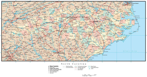 North Carolina Map with Counties, Cities, County Seats, Major Roads, Rivers and Lakes