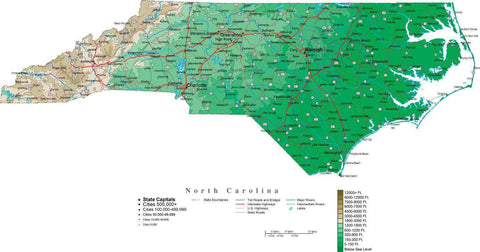 North Carolina Map  with Contour Background - Cut Out Style