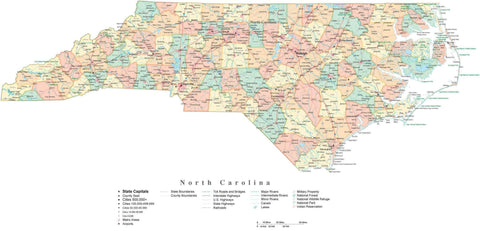Detailed North Carolina Cut-Out Style Digital Map with Counties, Cities, Highways, and more