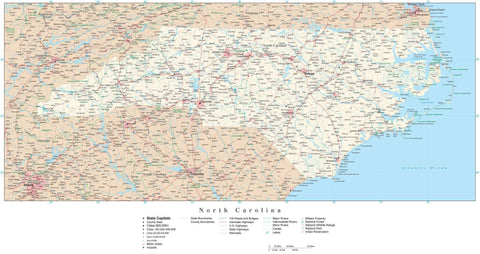 Detailed North Carolina Digital Map with County Boundaries, Cities, Highways, and more
