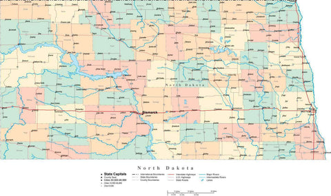 North Dakota State Map - Multi-Color Cut-Out Style - with Counties, Cities, County Seats, Major Roads, Rivers and Lakes