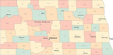 Multi Color North Dakota Map with Counties, Capitals, and Major Cities