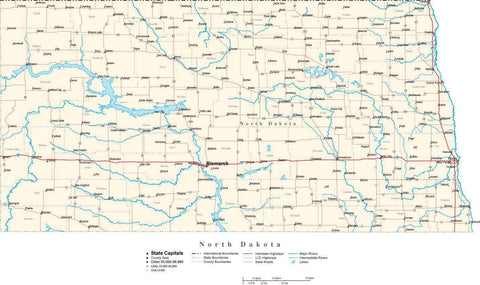 North Dakota Map - Cut Out Style - with Capital, County Boundaries, Cities, Roads, and Water Features