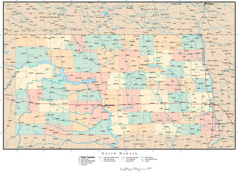 North Dakota Map with Counties, Cities, County Seats, Major Roads, Rivers and Lakes