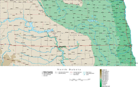North Dakota Map  with Contour Background - Cut Out Style