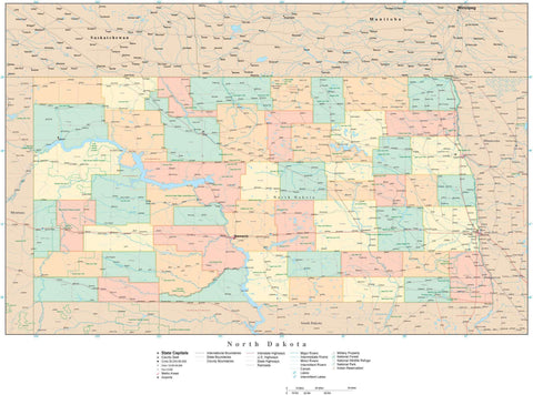 Detailed North Dakota Digital Map with Counties, Cities, Highways, Railroads, Airports, and more