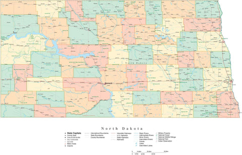 Detailed North Dakota Cut-Out Style Digital Map with Counties, Cities, Highways, and more