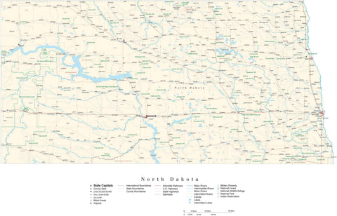 Detailed North Dakota Cut-Out Style Digital Map with County Boundaries, Cities, Highways, and more