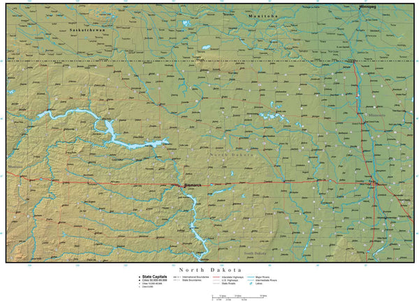 North Dakota State Map Plus Terrain With Cities Roads ND USA 942232 Grande 