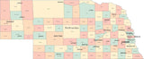 Multi Color Nebraska Map with Counties, Capitals, and Major Cities