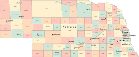 Multi Color Nebraska Map with Counties, Capitals, and Major Cities
