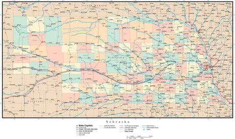 Nebraska Map with Counties, Cities, County Seats, Major Roads, Rivers and Lakes