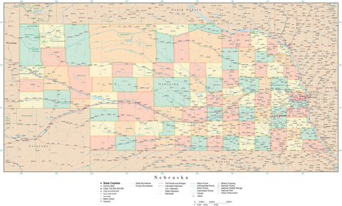 Detailed Nebraska Digital Map with Counties, Cities, Highways, Railroads, Airports, and more