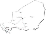 Niger Black & White Map with Capital, Major Cities, Roads, and Water Features