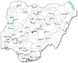 Nigeria Black & White Map with Capital, Major Cities, Roads, and Water Features