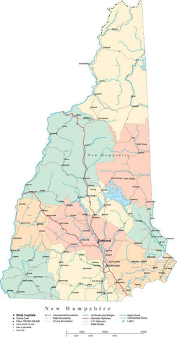 New Hampshire State Map - Multi-Color Cut-Out Style - with Counties, Cities, County Seats, Major Roads, Rivers and Lakes