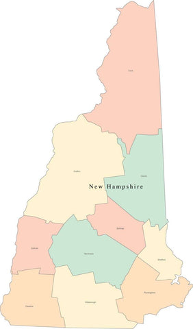 Multi Color New Hampshire Map with Counties and County Names