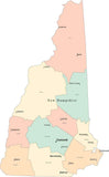 Multi Color New Hampshire Map with Counties, Capitals, and Major Cities