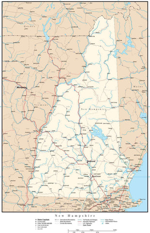 New Hampshire Map with Capital, County Boundaries, Cities, Roads, and Water Features